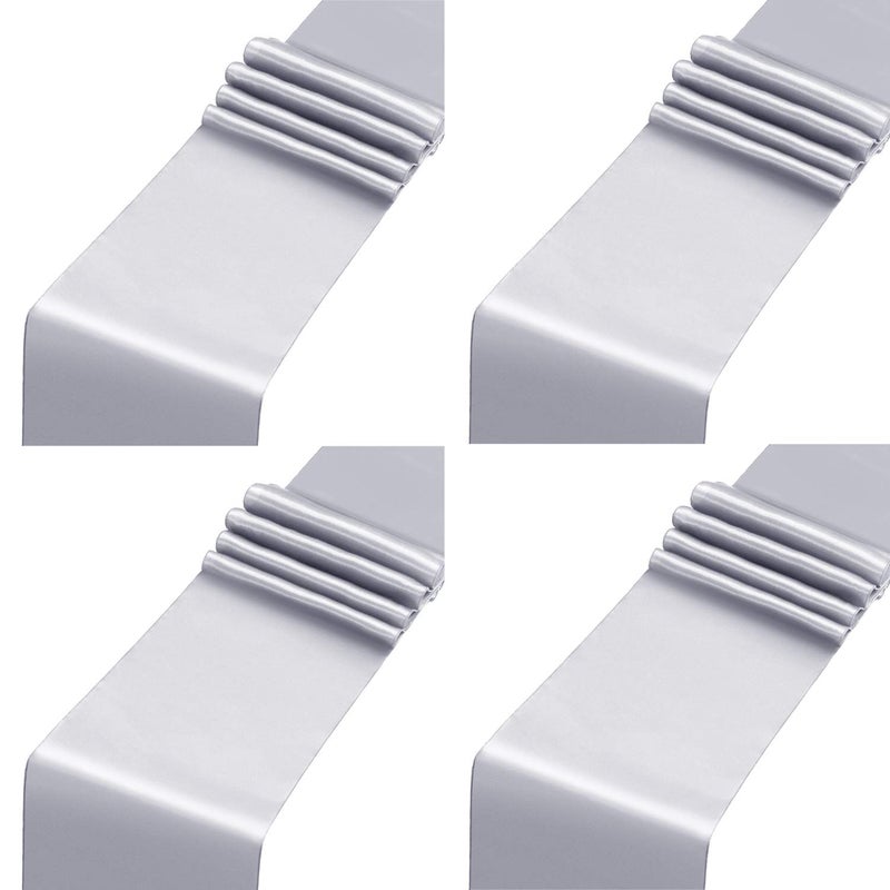 ANEcO 4 Pack Satin Table Runner 12 x 108Inch Long Bright Silk and Smooth Fabric Party Table Runner for Wedding Banquet Party Decoration-Light Silver