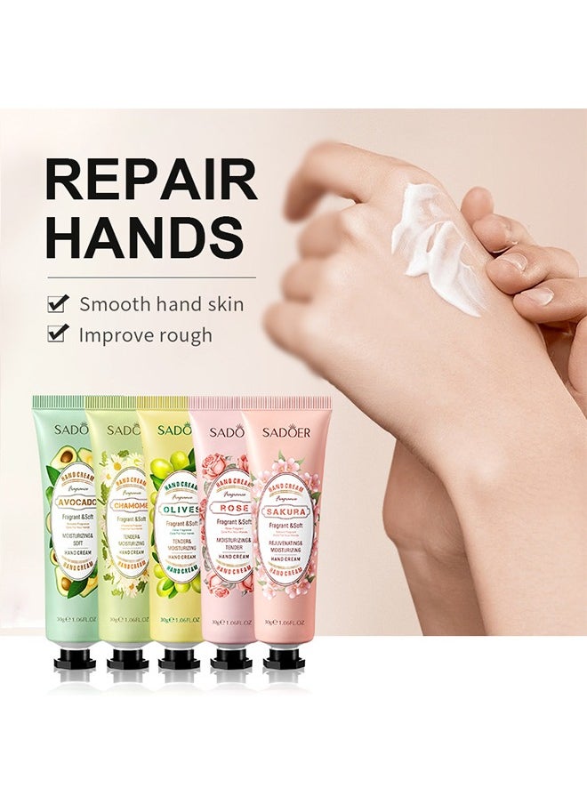SADOER Colorful Flower & Fruit Hand Cream Set, Hand Lotion Gift Set for Dry Cracked Hands, Travel Friendly Moisturizing Refreshing Hand Care Cream 5 Pack/Set  - Image 1