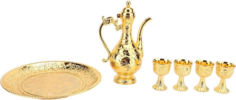 طقم شاي تركي، إبريق شاي معدني عتيق مع صينية و4 أكواب، تصميم منحوت رائع للمكتب المنزلي والبار، إبريق قهوة تركي أنيق وطقم أكواب لتقديم المشروبات (ذهبي) - Image 3