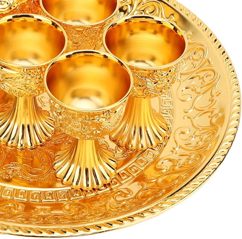 طقم شاي تركي، إبريق شاي معدني عتيق مع صينية و4 أكواب، تصميم منحوت رائع للمكتب المنزلي والبار، إبريق قهوة تركي أنيق وطقم أكواب لتقديم المشروبات (ذهبي) - Image 4