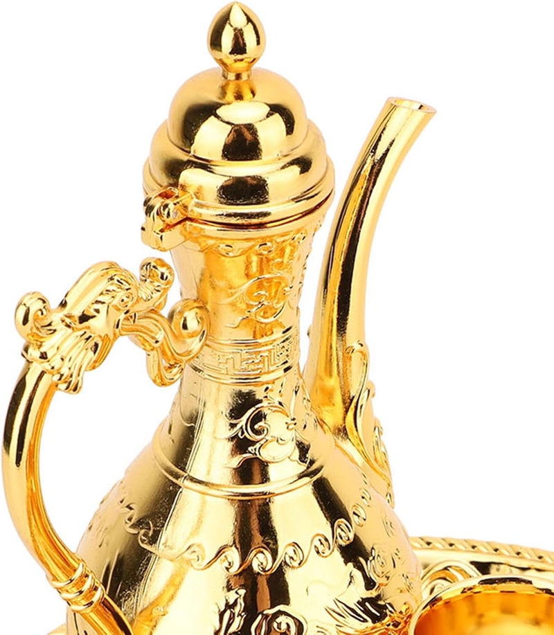 طقم شاي تركي، إبريق شاي معدني عتيق مع صينية و4 أكواب، تصميم منحوت رائع للمكتب المنزلي والبار، إبريق قهوة تركي أنيق وطقم أكواب لتقديم المشروبات (ذهبي) - Image 5