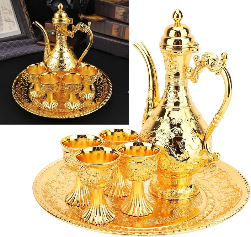 طقم شاي تركي، إبريق شاي معدني عتيق مع صينية و4 أكواب، تصميم منحوت رائع للمكتب المنزلي والبار، إبريق قهوة تركي أنيق وطقم أكواب لتقديم المشروبات (ذهبي) - Image 2