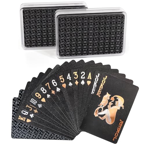 LotFancy Plastic Playing Cards 2 Decks of Cards with Plastic Cases Waterproof Black Poker Cards for Magic Tricks Pool Beach Card Games Cool Gadgets Gift for Men Adults - Image 1