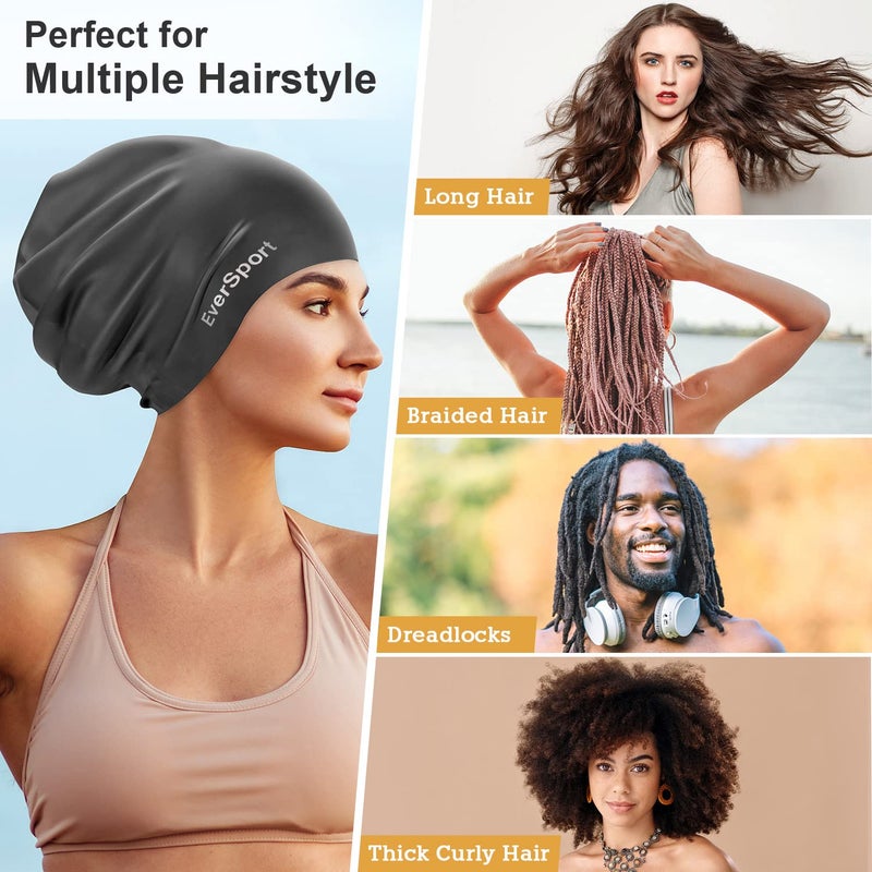 EverSport Extra Large Swim Cap for Braids and Dreadlocks, Silicone Swimming Pool Cap for Women Men Adult Long Thick Curly Hair Locs Anti Slip Ear Cover Waterproof Bathing Shower Cap Keep Hair Dry - Image 3