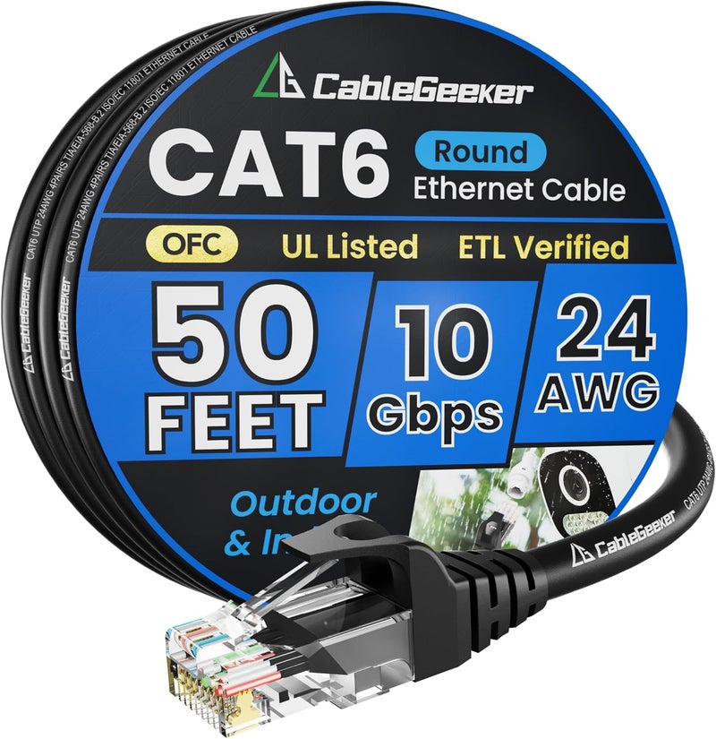 CableGeeker Cat 6 Ethernet Cable 50 ft, Indoor&Outdoor, High Speed 10Gbps 24AWG Pure Copper Internet Network Cable, Pure Copper Ethernet Patch Cable Long, PoE Computer LAN Cable for Router, Modem, PS5/4, Black - Image 1