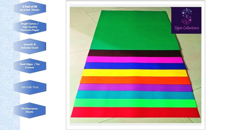 SEJASCOLLECTIONS | Pack of 20 | Multicolor, Bright, A1, BIG / FULL Size, Pastel/ Chart Sheets, Used in art and craft, collage, projects, posters etc. Plain / Unrulled, Size: 70x56 centimeters, 200 GSM thickness, Pastel Sheets. - Image 5