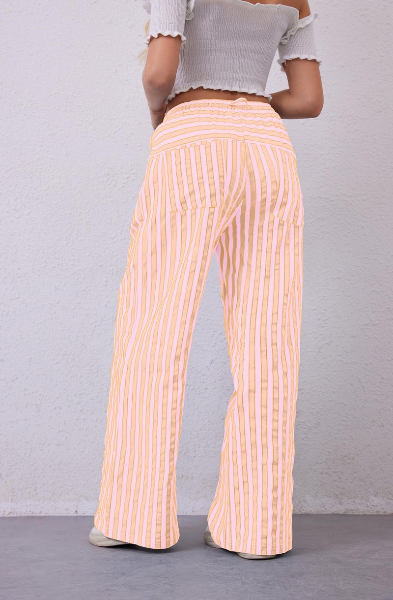 MISSACTIVER Women Drawstring Striped Pants Loose Wide Leg Trousers Casual Low Waist Pants Comfy Lounge Pants with Pockets Pink - Image 4
