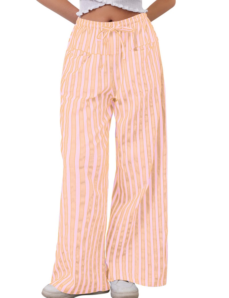 MISSACTIVER Women Drawstring Striped Pants Loose Wide Leg Trousers Casual Low Waist Pants Comfy Lounge Pants with Pockets Pink - Image 1