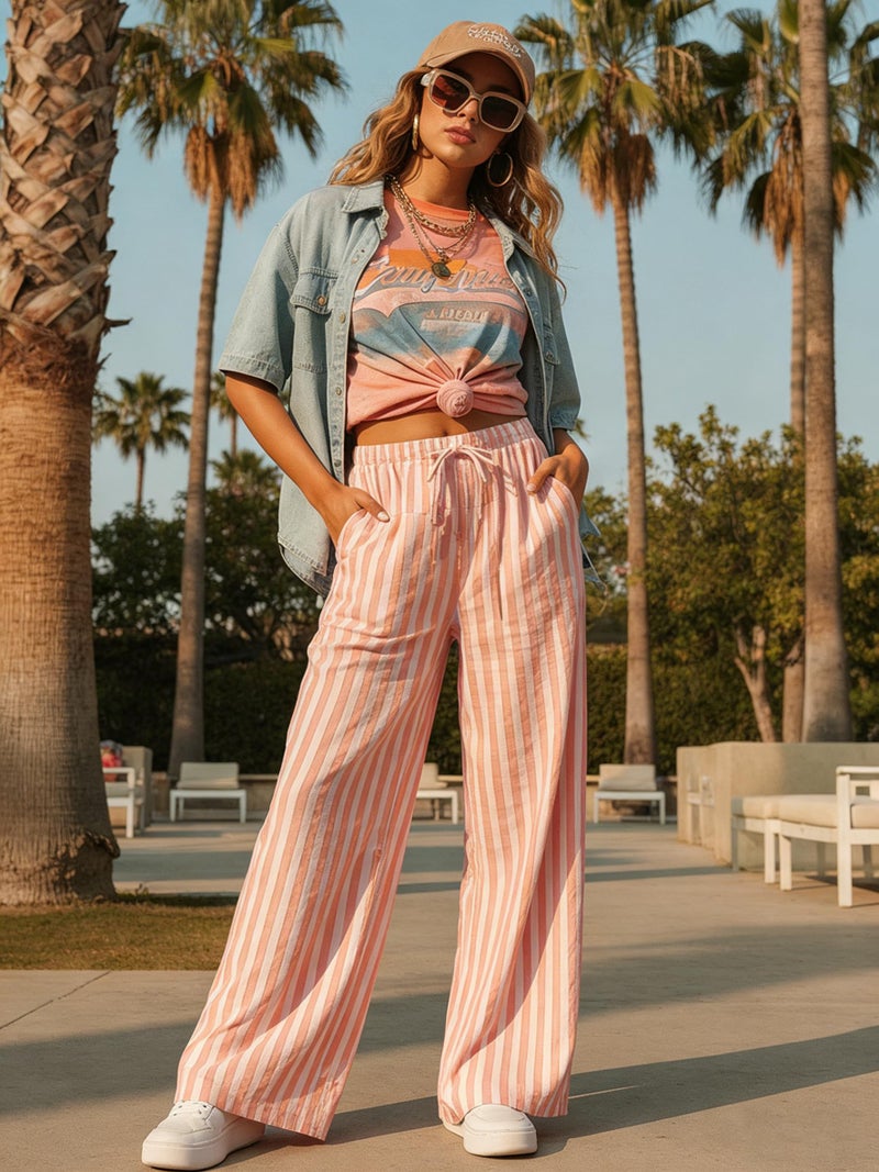 MISSACTIVER Women Drawstring Striped Pants Loose Wide Leg Trousers Casual Low Waist Pants Comfy Lounge Pants with Pockets Pink - Image 2