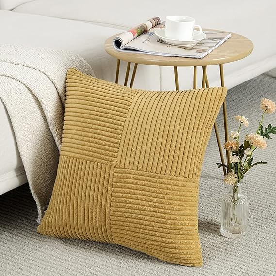 Guffaw Corduroy Pillow Covers Boho Decorative Spliced Throw Pillow Covers Soft Solid Couch Pillowcases Cross Patchwork Cushion Covers for Living Room Bed Sofa 16x16 inch (2, Light Brown) - Image 3