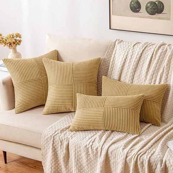 Guffaw Corduroy Pillow Covers Boho Decorative Spliced Throw Pillow Covers Soft Solid Couch Pillowcases Cross Patchwork Cushion Covers for Living Room Bed Sofa 16x16 inch (2, Light Brown) - Image 4