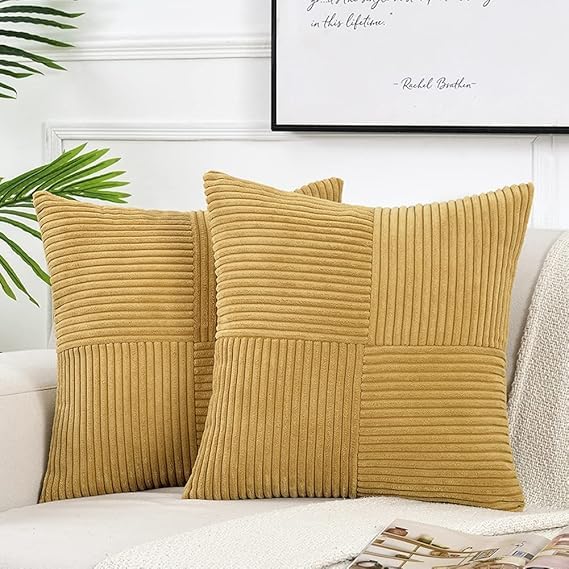 Guffaw Corduroy Pillow Covers Boho Decorative Spliced Throw Pillow Covers Soft Solid Couch Pillowcases Cross Patchwork Cushion Covers for Living Room Bed Sofa 16x16 inch (2, Light Brown) - Image 1