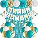 ANSOMO Teal Blue and Gold Happy Birthday Party Decorations Banner Turquoise Aqua Foil Fringe Curtain Tissue Pom Poms Balloons - Image 3