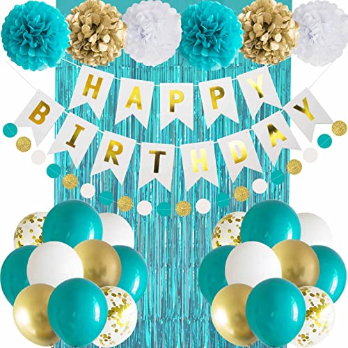 ANSOMO Teal Blue and Gold Happy Birthday Party Decorations Banner Turquoise Aqua Foil Fringe Curtain Tissue Pom Poms Balloons - Image 1