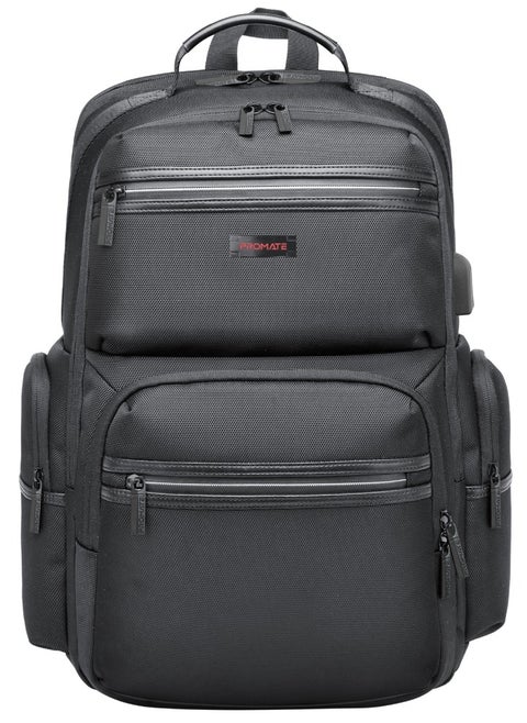 Promate 15.6-Inch Laptop Bag, High-Capacity 34 Liter, Multi-Functional Lightweight Backpack with USB Port,  Durable Finish, Back Straps, Secure Zippers, Large Compartments, and Water Resistance