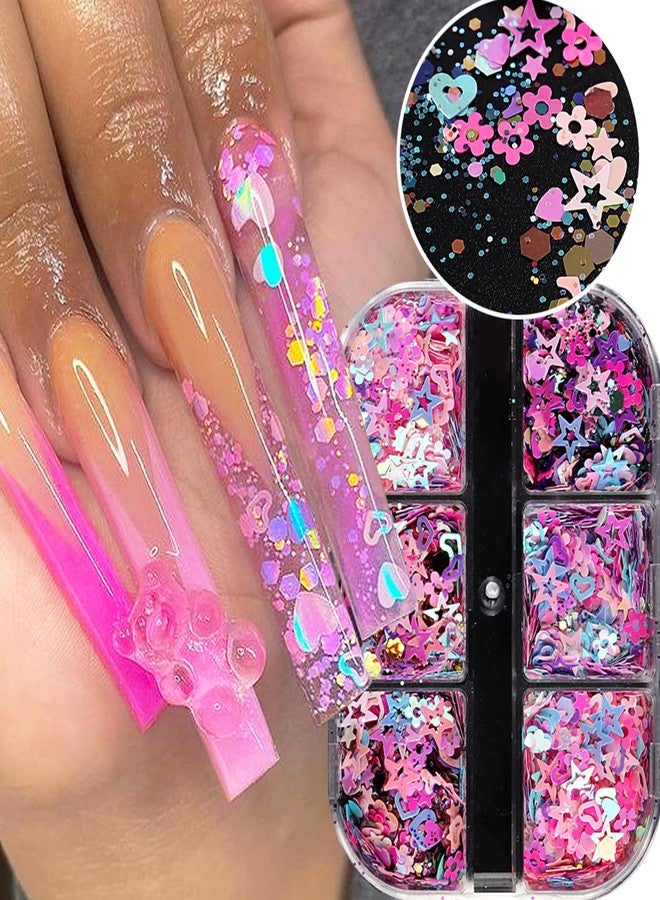 OSTTMA Heart Nail Art Glitters Sequins Mixed Hollow Star Flower Nail Sequins Star Holographic Flake Nail Glitter Powder Hexagon Chunky Glitter Confetti for Acrylic Nails Decorations DIY Crafts - Image 2