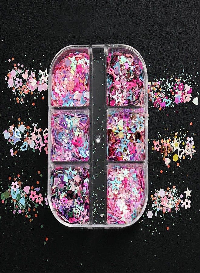 OSTTMA Heart Nail Art Glitters Sequins Mixed Hollow Star Flower Nail Sequins Star Holographic Flake Nail Glitter Powder Hexagon Chunky Glitter Confetti for Acrylic Nails Decorations DIY Crafts - Image 3