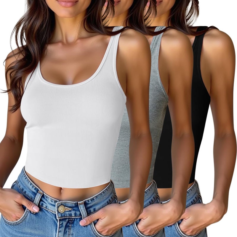 eQFeast 3 Pack Women's Crop Tank Top Cotton Basic Scoop Neck Cute Tops, Casual Summer Cropped Shirts for Women - Image 1