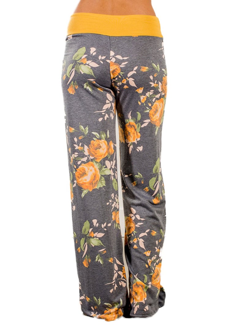iChunhua Women's Comfy Stretch Floral Print Drawstring Palazzo Wide Leg Lounge Pants(S,Yellow) - Image 3