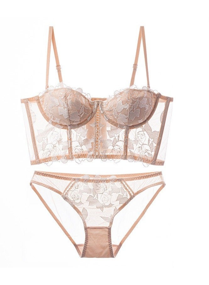 KUYING New Vine Jacquard Half Cup Lace Bra Small Chest Gathering Anti Drop Bra Set  - Image 1