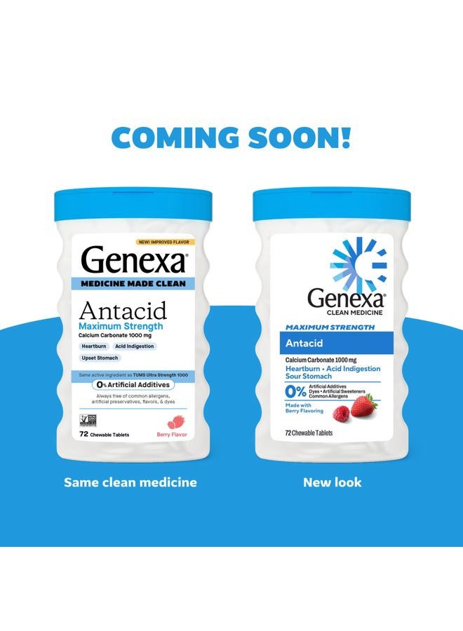 Genexa Clean Antacid Maximum Strength Chewable Tablets, Dye Free, 0% Artificial Additives, Calcium Carbonate Relief for Heartburn, Acid Indigestion, & Upset Stomach, Organic Berry Flavor, 72 ct - Image 2