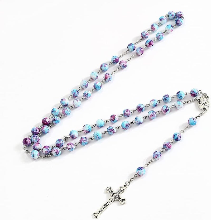 OEMOO Rosary Beads Catholic for Woman, Handmade Imitation Blue Purple Pearl Rosary Necklace, First Communion Gifts, Wall Crosses Christian Gifts - Image 1