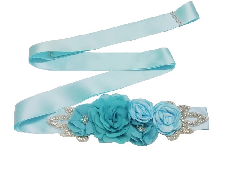 Lauthen.S Sash Belt with Flowers Pearls Rhinestone for Wedding Bride/Baby Shower Dress (One Size, Blue) - Image 1