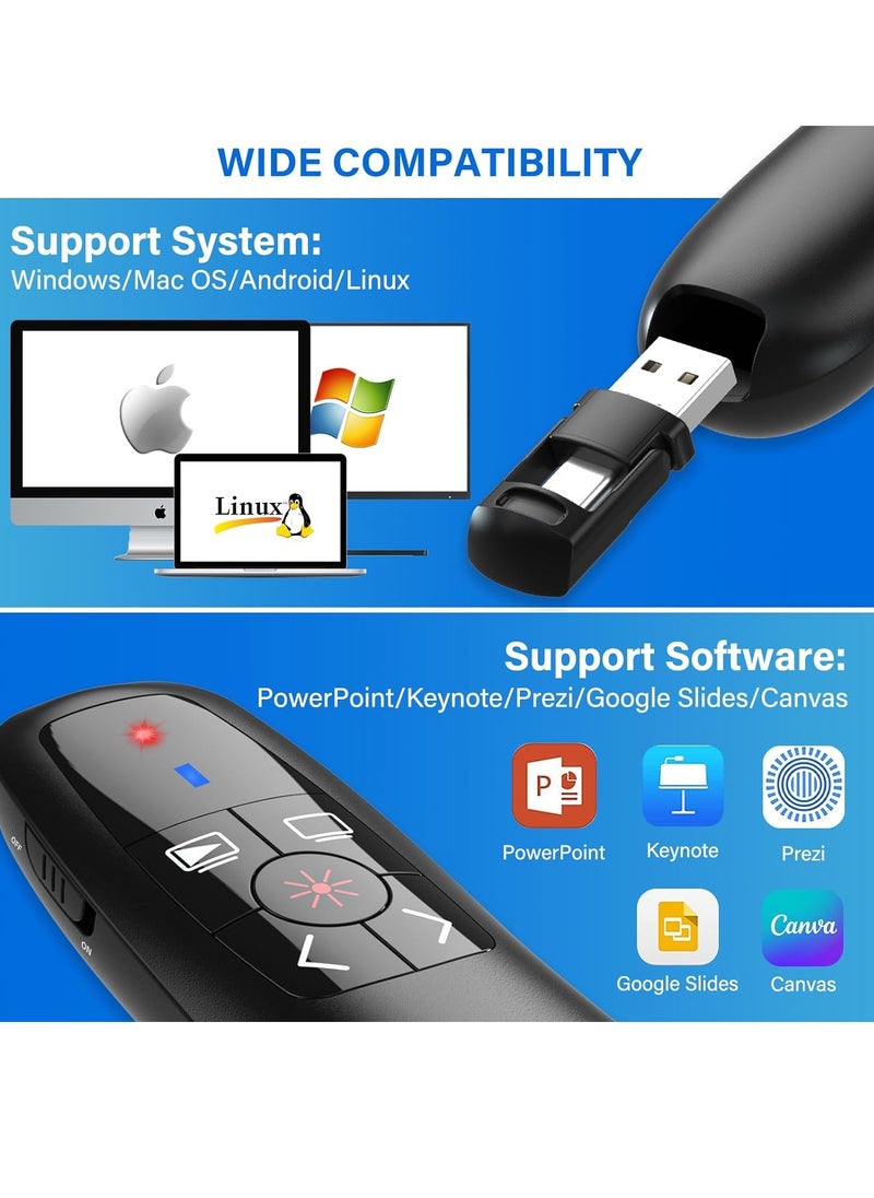 Fanski - 2-in-1 USB Type C Presentation Clicker, Clicker for PowerPoint Presentations, Rechargeable Wireless Presenter Remote, Pointer RF 2.4GHz USB PowerPoint Clicker Slide Advancer with Volume Control - Image 1