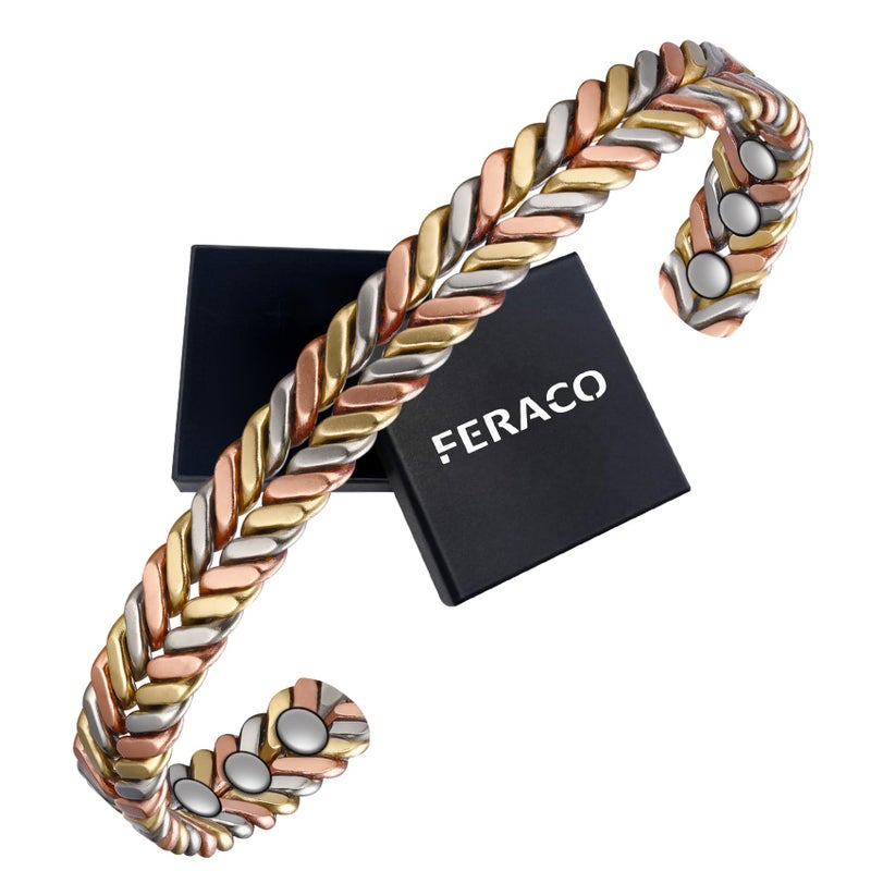 Feraco Pure Copper Bracelet for Women, Ultra Strength Magnetic Cuff Bangle with Neodymium Magnets, 99.99% Copper Jewelry Gift, Tricolor Braided - Image 1