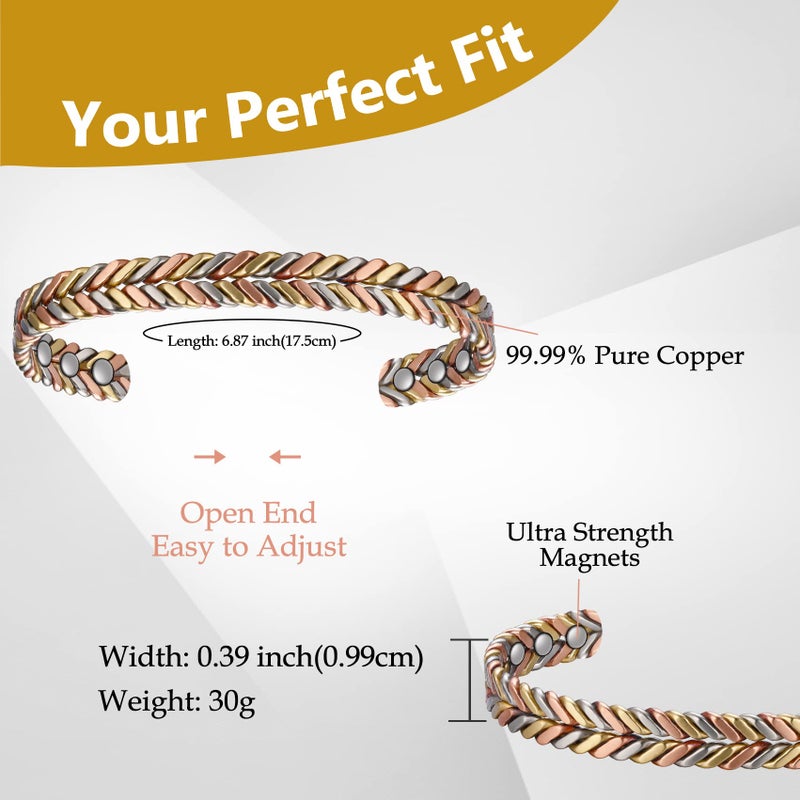 Feraco Pure Copper Bracelet for Women, Ultra Strength Magnetic Cuff Bangle with Neodymium Magnets, 99.99% Copper Jewelry Gift, Tricolor Braided - Image 4