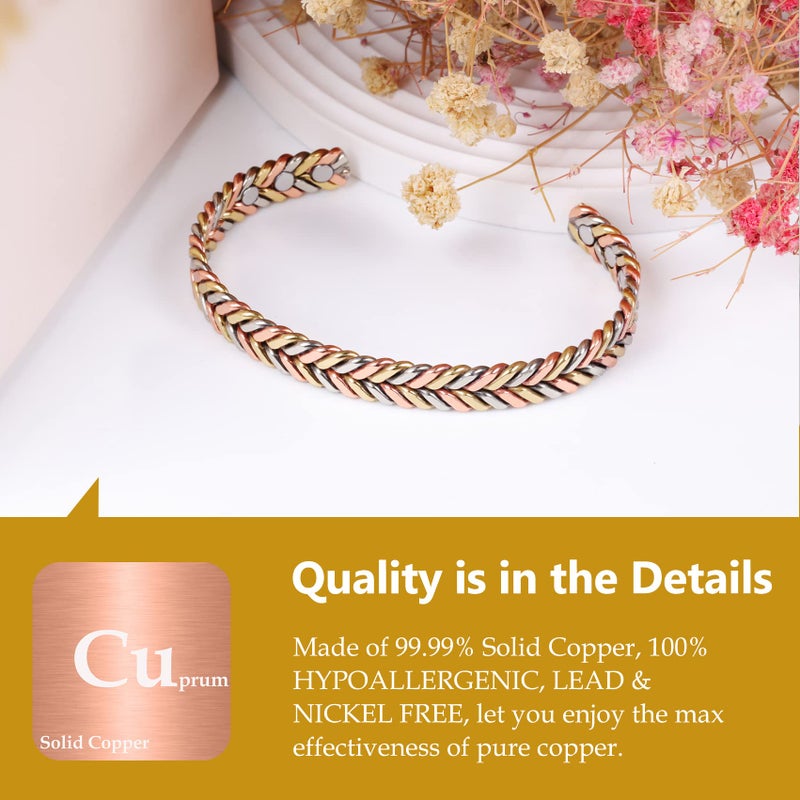 Feraco Pure Copper Bracelet for Women, Ultra Strength Magnetic Cuff Bangle with Neodymium Magnets, 99.99% Copper Jewelry Gift, Tricolor Braided - Image 5