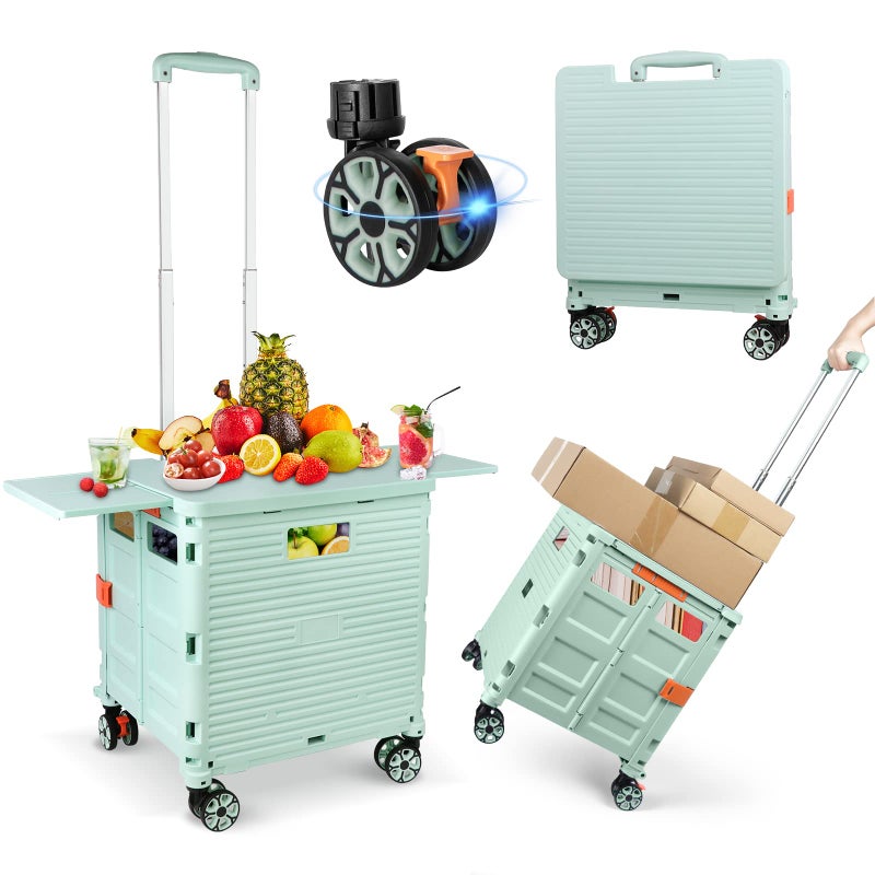 FELICON SELORSS Folding Utility Cart Portable Rolling Crate Handcart with Magnetic Sliding Lid Telescoping Handle Plastic Box Dolly 360Swivel Wheels for Travel Shop Move Office TeacherGreen Pro