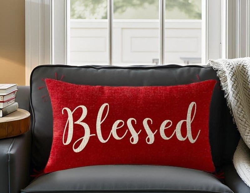 NIDITW Nice Gift Inspirational Blessed Words Waist Lumbar Red Cotton Linen Throw Pillow Case Cushion Cover for Sofa Home Christmas Decorative Oblong 12x20 Inches - Image 2