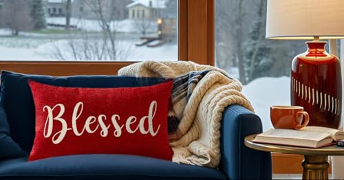 NIDITW Nice Gift Inspirational Blessed Words Waist Lumbar Red Cotton Linen Throw Pillow Case Cushion Cover for Sofa Home Christmas Decorative Oblong 12x20 Inches - Image 3