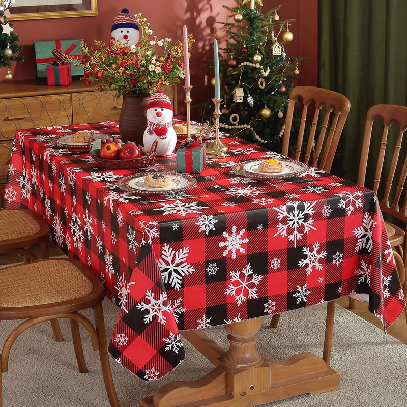 Christmas Tablecloth Rectangle Vinyl With Flannel Backing Buffalo Plaid Winter Snowflake Stain Waterproof Plastic Table Cloth Heavy Duty Table Cover for Dining Party 60 x 84 Inch Red and Black
