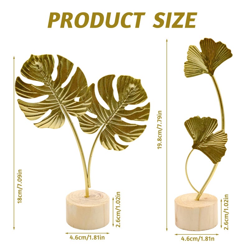JLNGTHONG 2 Pcs Metal Gold Decor Statues, Leaves Ornaments Modern Creative Home DÃ©cor Accents Statue for Office, Room, Bookshelf, Home Decor (Monstera, Ginkgo) - Image 2