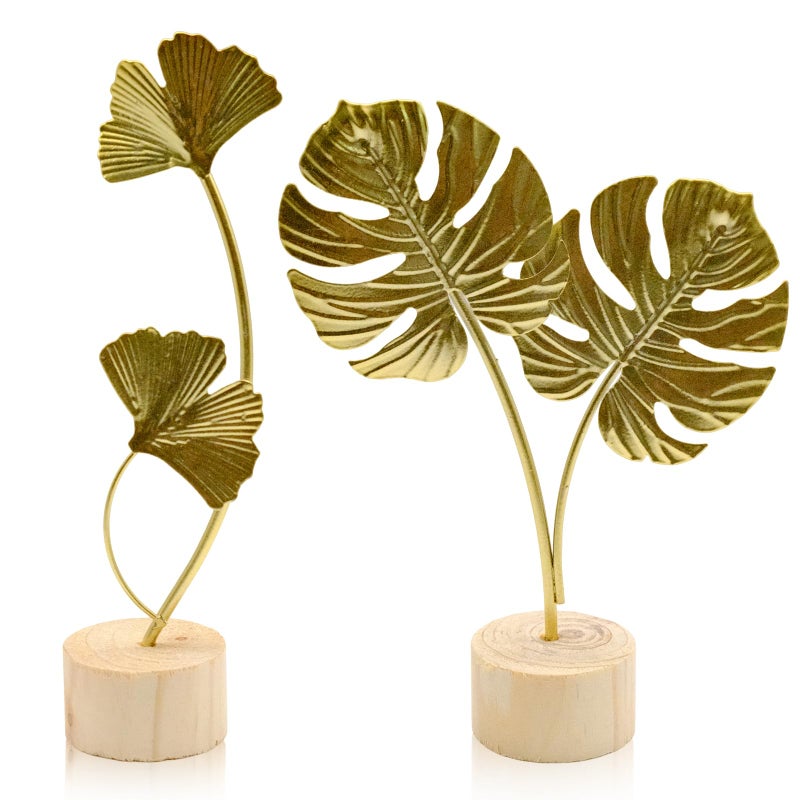 JLNGTHONG 2 Pcs Metal Gold Decor Statues, Leaves Ornaments Modern Creative Home DÃ©cor Accents Statue for Office, Room, Bookshelf, Home Decor (Monstera, Ginkgo) - Image 1