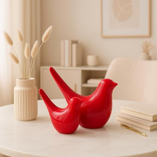 SRJANA Creative Red Glossy Ceramic Birds Figurines Home Decorations Accessories Party (Pack of 2, RED) - Image 1