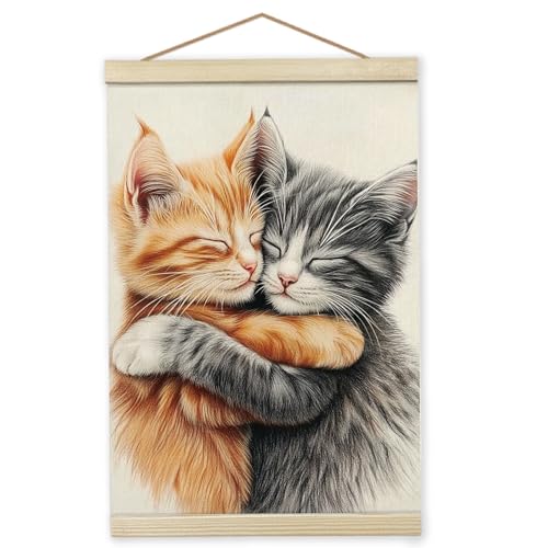 Giosve Cat Wall Art Framed Decor, Cute Cat Poster, Cute Canvas Wooden Frames Poster Hanging Wall Art Decor for Home Bedroom Living Room, 12x16 inch - Image 1