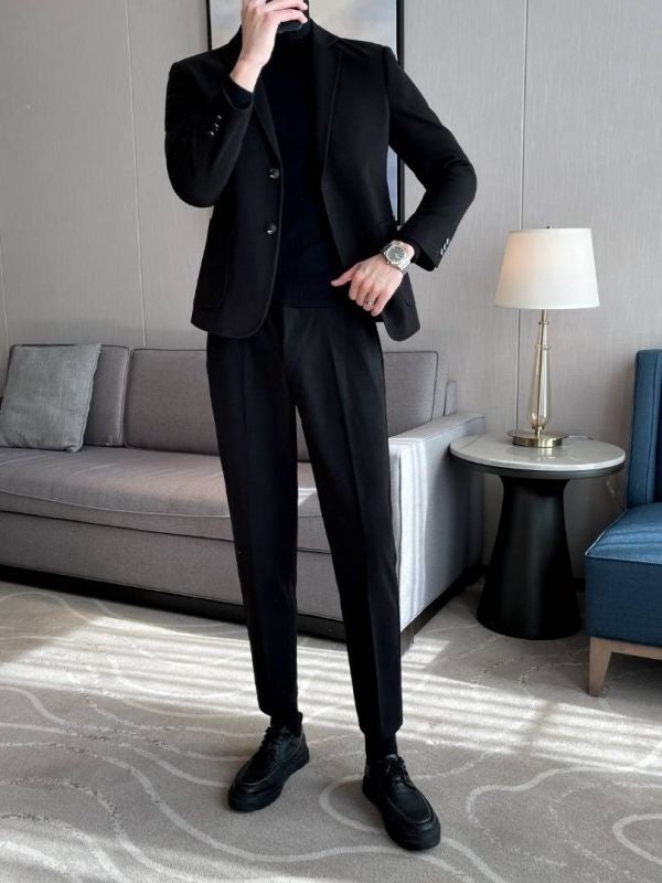 Mens Wool Blazer Autumn Winter Thick Korean Casual Suit Jacket Grey - Image 2