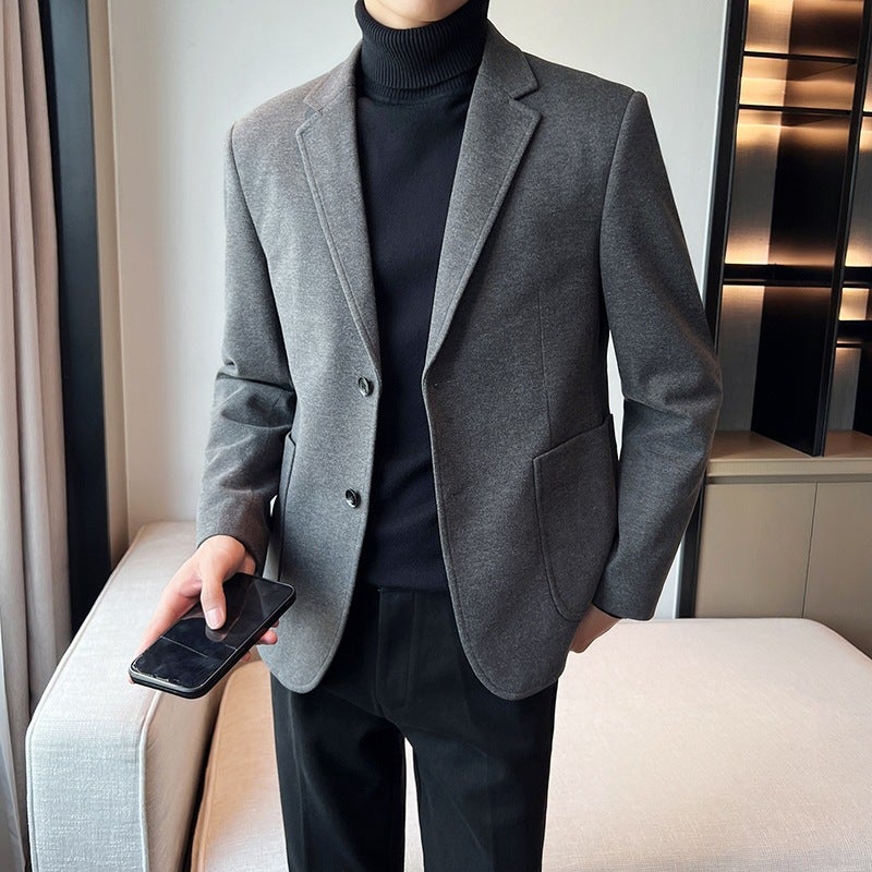 Mens Wool Blazer Autumn Winter Thick Korean Casual Suit Jacket Grey