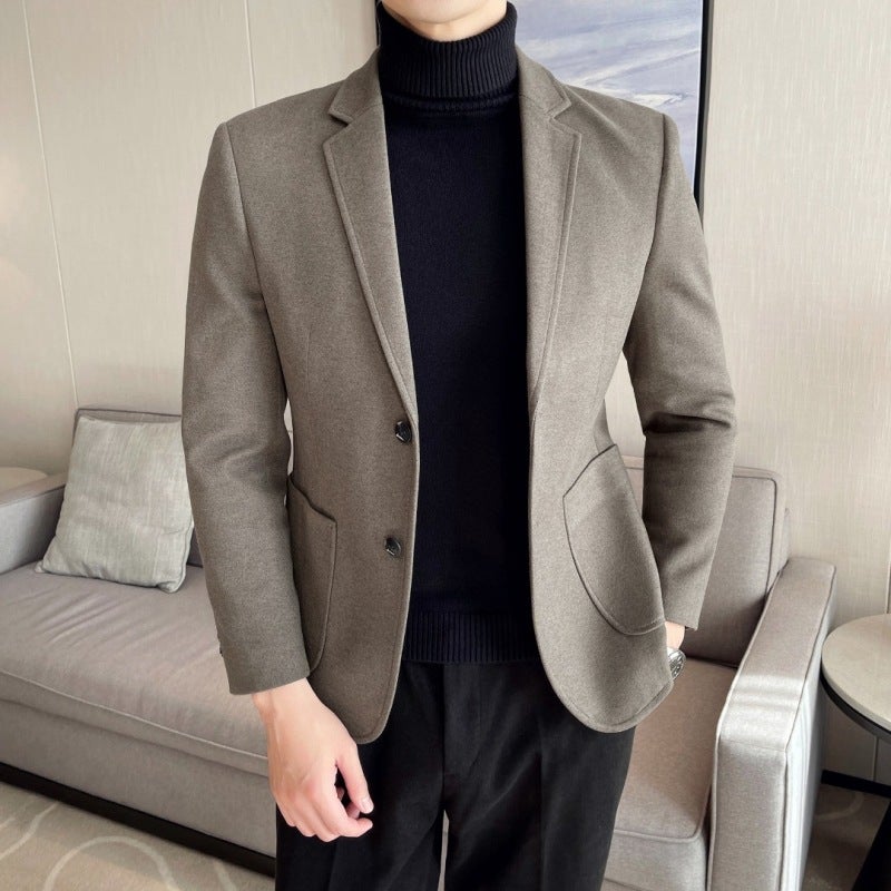 Mens Wool Blazer Autumn Winter Thick Korean Casual Suit Jacket Grey - Image 5