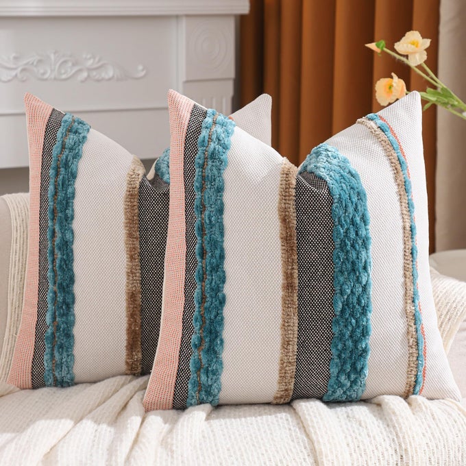TURQUOISE BLUE THROW PILLOW COVERS 18X18 SET OF 2 COASTAL BOHO FARMHOUSE PILLOW COVER STRIPED DECORATIVE PILLOW CASE ACCENT CHENILLE PILLOWCASE PATTERNED TEXTURED TUFTED CUSHION CASE