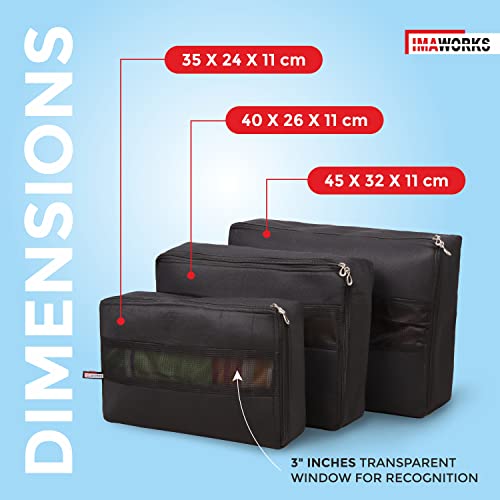 IMAWORKS 4 Set Travel Organizer Pouch Packing Cubes Luggage Organiser Set Clothes Space Savers Bags (2 Large, 1 Medium and 1 Small Cube) Black, Laminated Fabric - Image 3