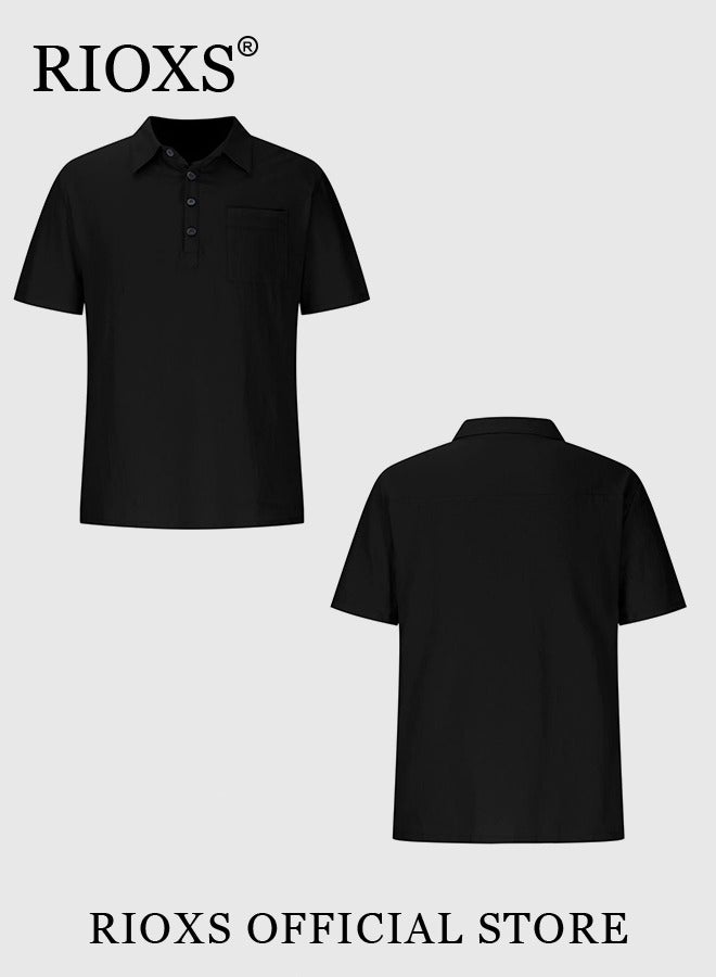 RIOXS Men's Short Sleeve Henley Shirt, Loose Linen Cotton Button-Up Tops, Casual Beach Shirt For Men, Comfy Breathable Shirt For Travel Hawaii Work And Daily Wear, Button Down Shirt As Gifts For Grandfather, Dad, Boyfrind or Husband  - Image 2