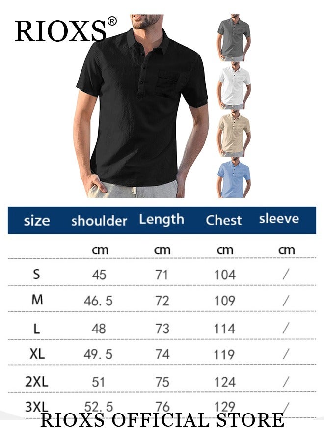 RIOXS Men's Short Sleeve Henley Shirt, Loose Linen Cotton Button-Up Tops, Casual Beach Shirt For Men, Comfy Breathable Shirt For Travel Hawaii Work And Daily Wear, Button Down Shirt As Gifts For Grandfather, Dad, Boyfrind or Husband  - Image 3