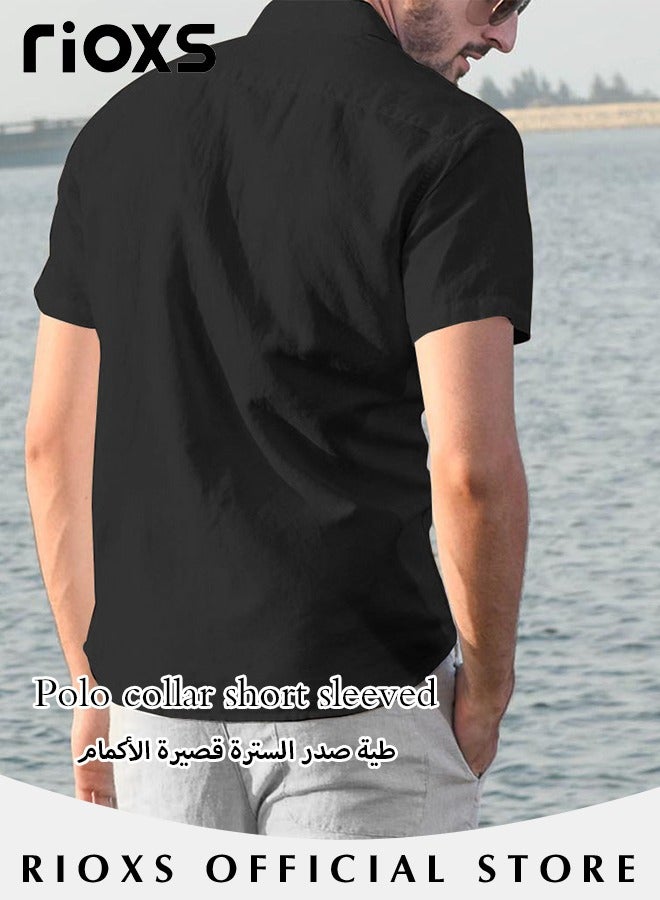 RIOXS Men's Short Sleeve Henley Shirt, Loose Linen Cotton Button-Up Tops, Casual Beach Shirt For Men, Comfy Breathable Shirt For Travel Hawaii Work And Daily Wear, Button Down Shirt As Gifts For Grandfather, Dad, Boyfrind or Husband  - Image 4