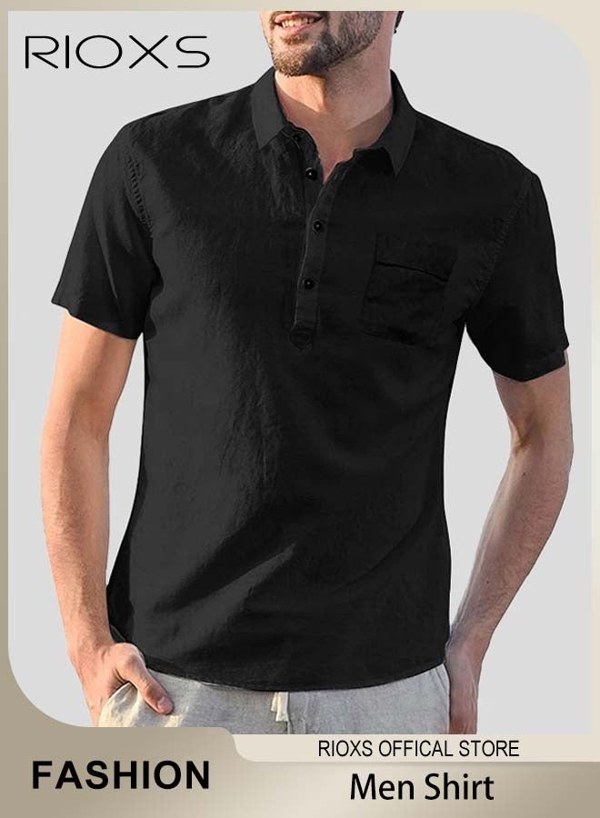 RIOXS Men's Short Sleeve Henley Shirt, Loose Linen Cotton Button-Up Tops, Casual Beach Shirt For Men, Comfy Breathable Shirt For Travel Hawaii Work And Daily Wear, Button Down Shirt As Gifts For Grandfather, Dad, Boyfrind or Husband  - Image 1