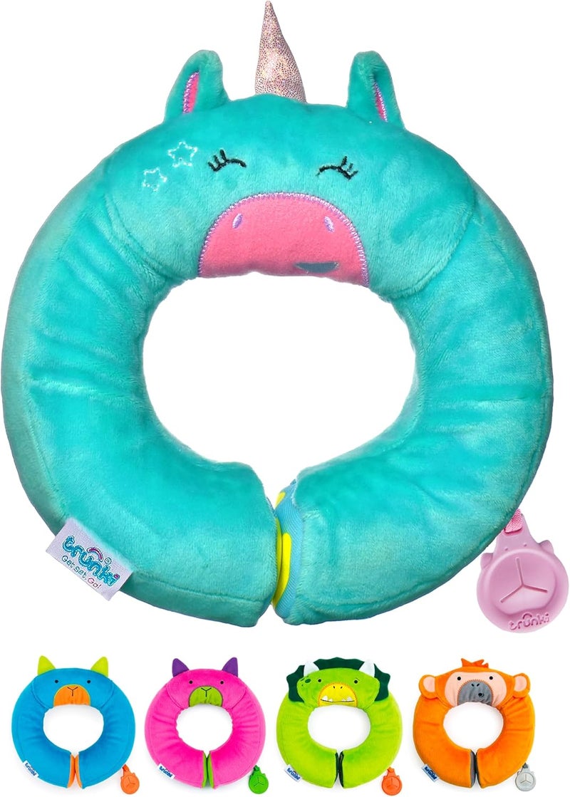 trunki Kid's Travel Neck Pillow and Chin Rest | Support Sleepy Heads in The Car Seat, Plane, Bike or Pram | Yondi Small UNA Unicorn (Turquoise) - Image 1