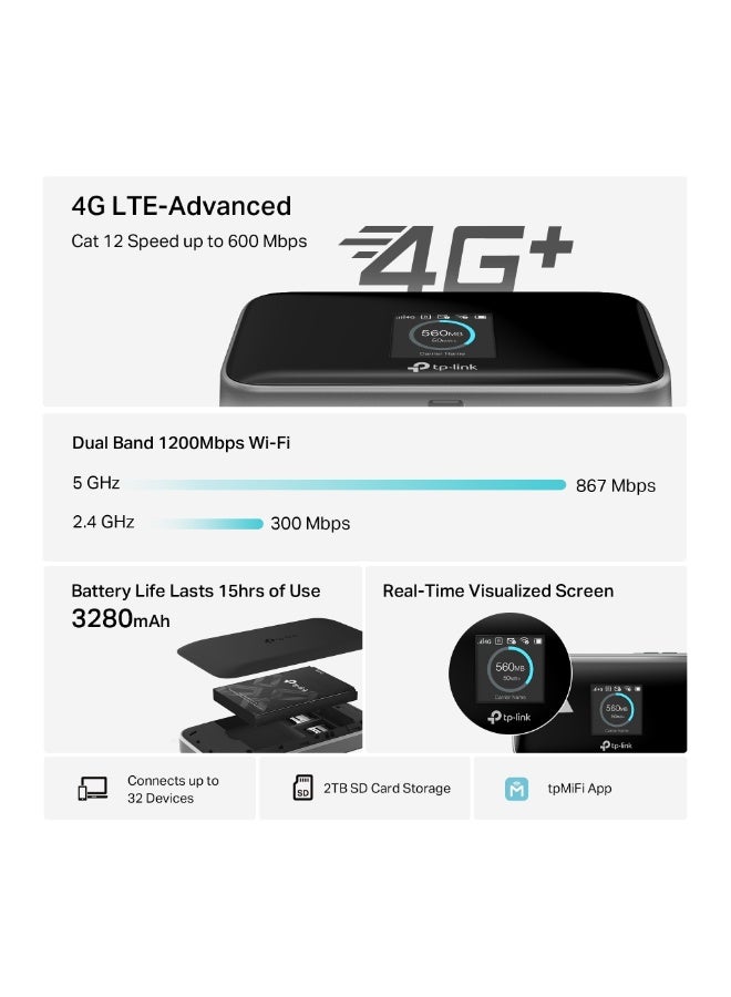 تي بي لينك موجه M7750 4G+ Cat12 LTE مع فتحة SIM، موجه واي فاي محمول مزدوج النطاق، واي فاي محمول بسرعة 600 ميجابت في الثانية، MIFI قابل للتوصيل والتشغيل، شاشة عرض، عمر بطارية طويل، تخزين بطاقة Micro SD، تحكم عبر التطبيق، تصميم مدمج - Image 5